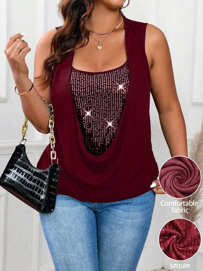 EMERY ROSE Plus Size Burgundy Square Neck Knit Sleeveless 2-In-1 Sequined Fabric Gathered Waist Tank Top,Autumn 70's Night Out Club Party Casual Loose Vest