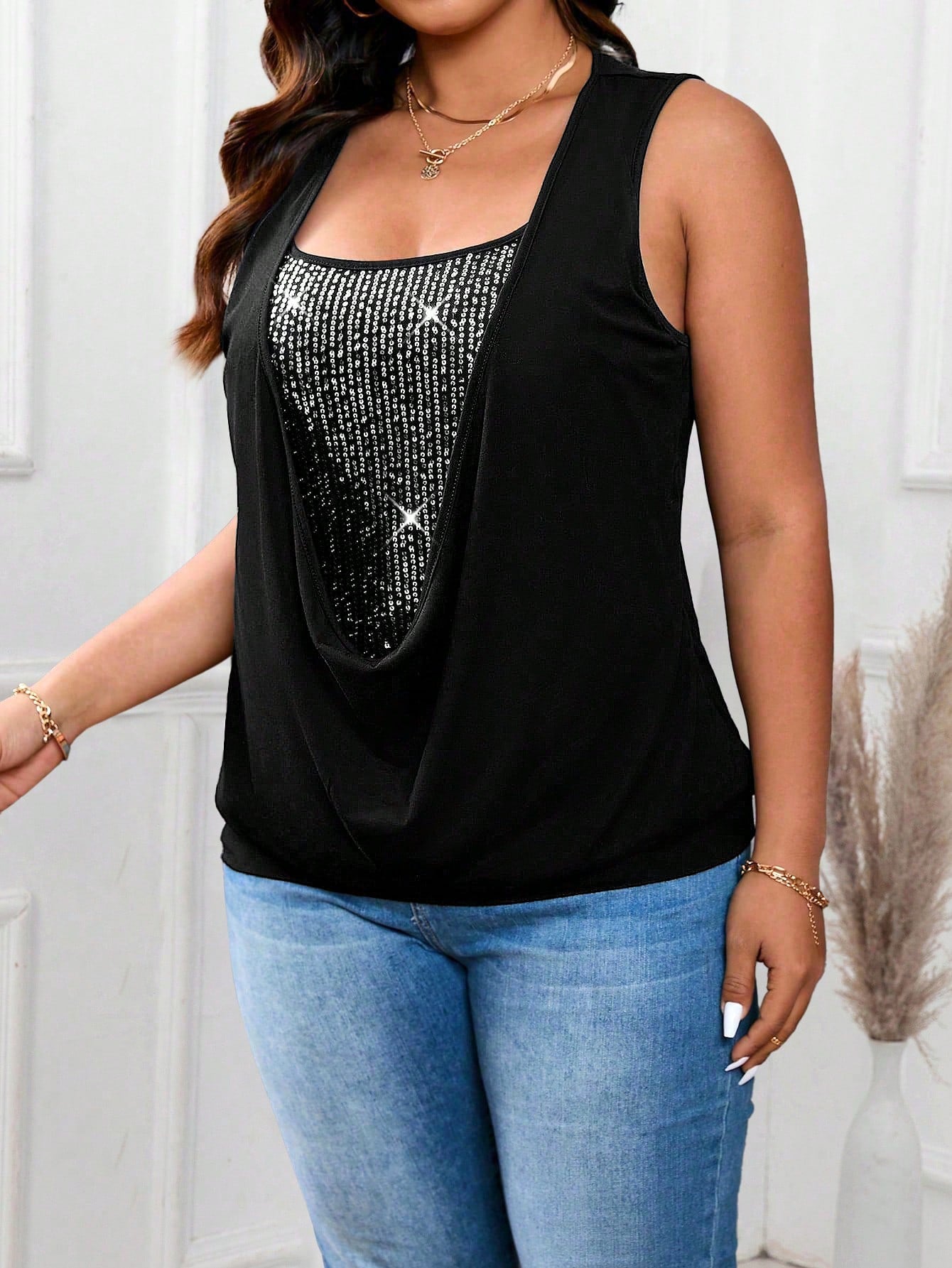 EMERY ROSE Plus Size Burgundy Square Neck Knit Sleeveless 2-In-1 Sequined Fabric Gathered Waist Tank Top,Autumn 70's Night Out Club Party Casual Loose Vest