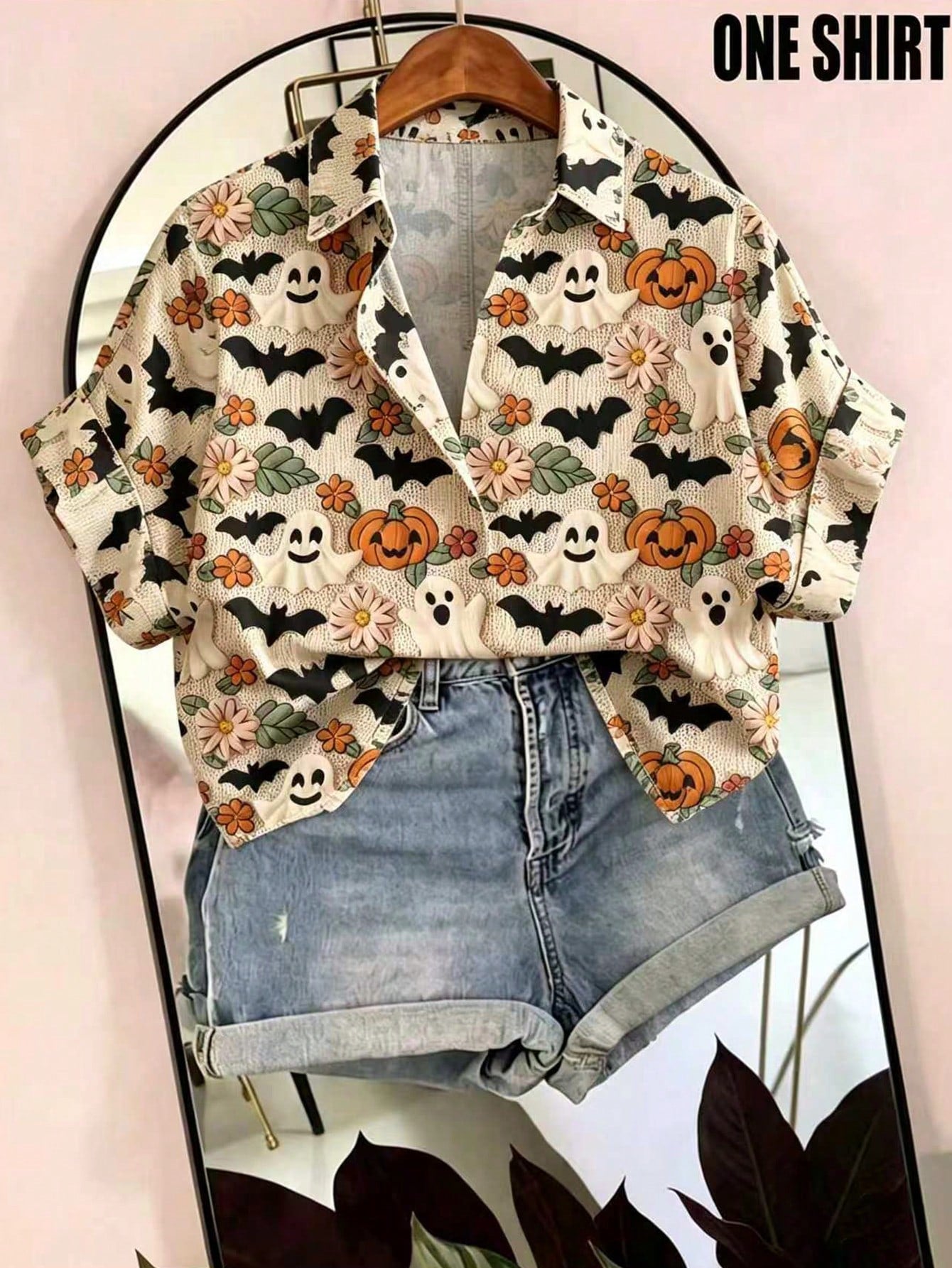 EMERY ROSE Plus Size Halloween Bat & Pumpkin Print Shirt