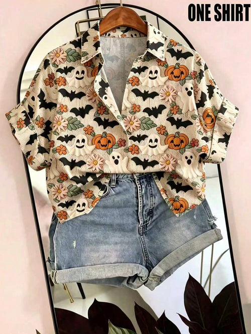 EMERY ROSE Plus Size Halloween Bat & Pumpkin Print Shirt