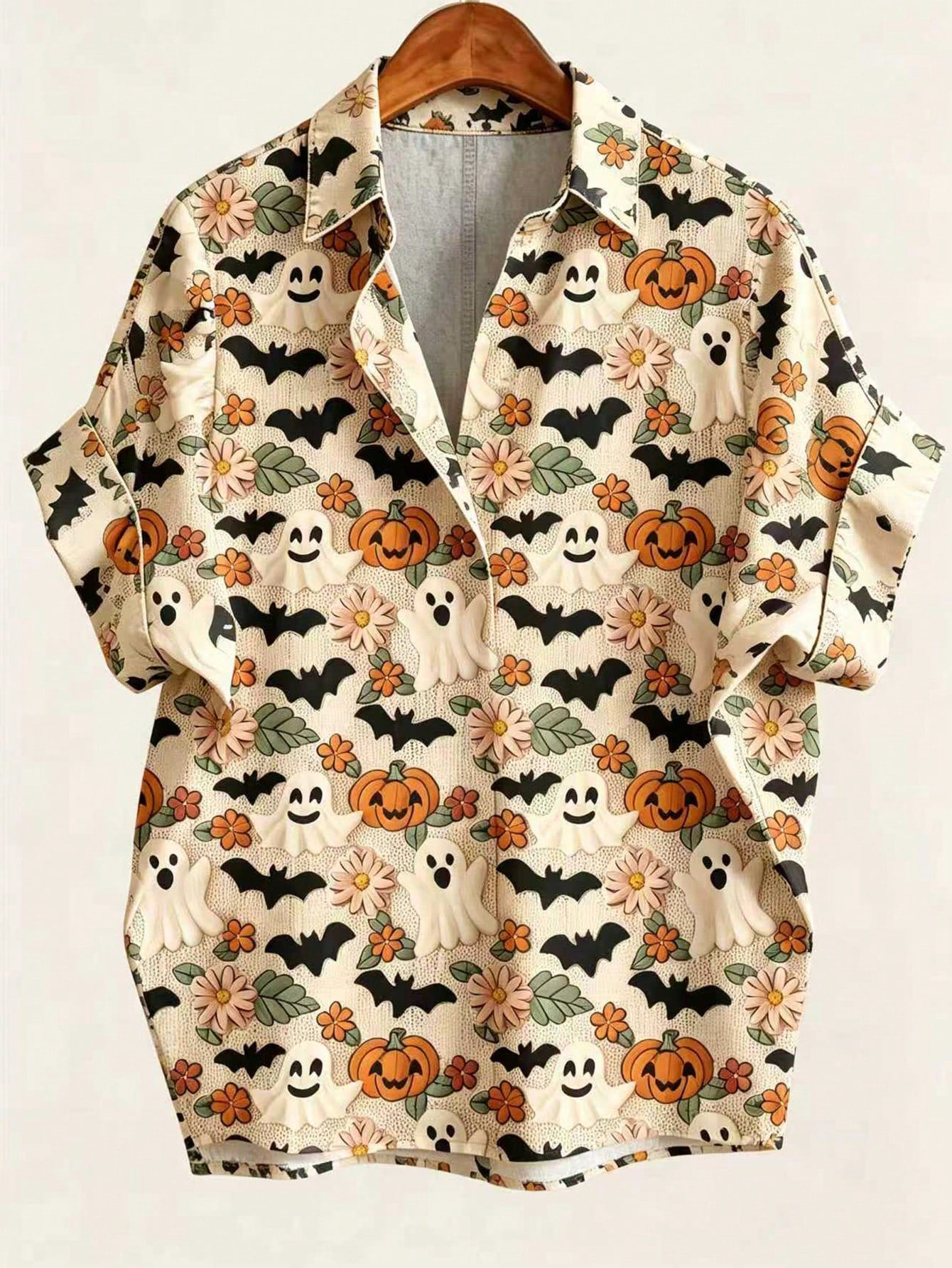 EMERY ROSE Plus Size Halloween Bat & Pumpkin Print Shirt