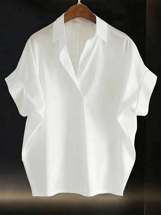 EMERY ROSE Plus Size Solid Color Minimalist Casual Short Sleeve Vacation Shirt