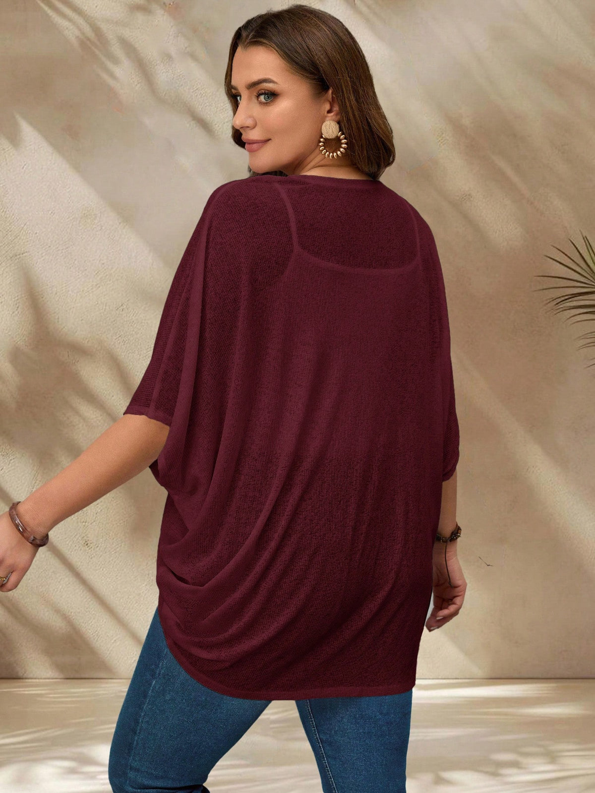 EMERY ROSE Plus Size Vacation Solid Color Asymmetric Hem Batwing Sleeve Casual Jacket,Spring/Summer Winter Fall Autumn