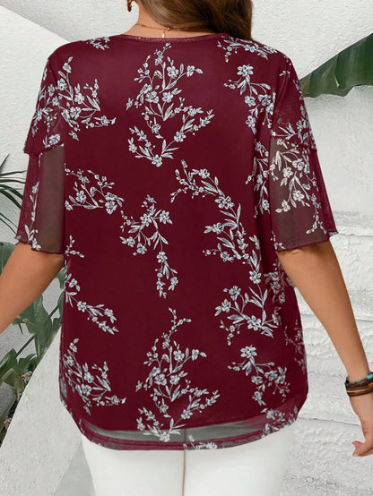 EMERY ROSE Plus Size Women Burgundy V Neck Short Sleeve Floral Print Ruffle Sleeve Loose Fit Tunic Top Blouse,Elegant Autumn Everyday Casual Wear,Bohemia Vacay
