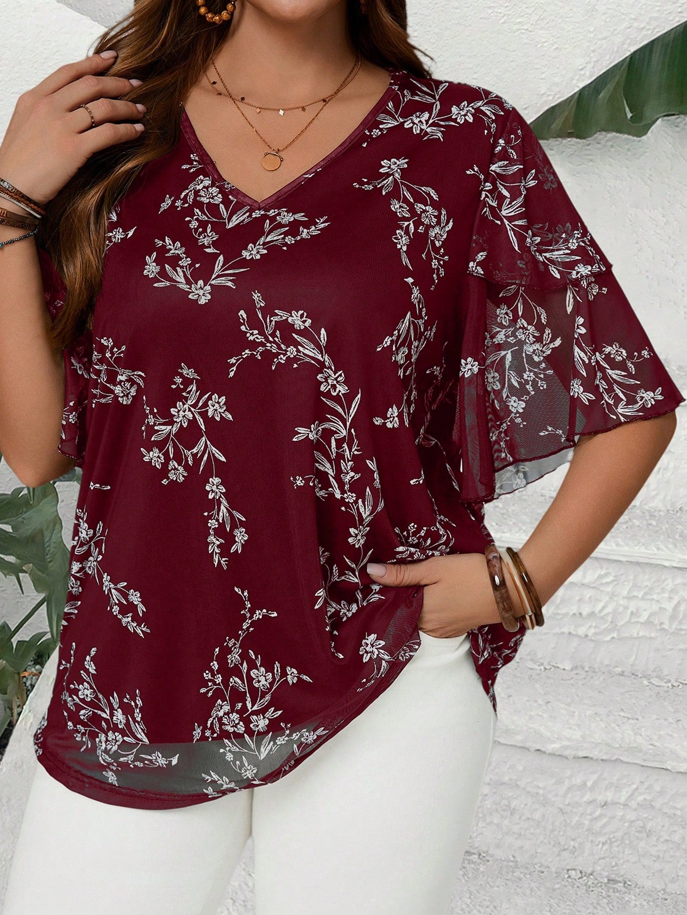 EMERY ROSE Plus Size Women Burgundy V Neck Short Sleeve Floral Print Ruffle Sleeve Loose Fit Tunic Top Blouse,Elegant Autumn Everyday Casual Wear,Bohemia Vacay