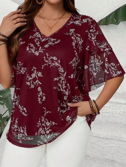 EMERY ROSE Plus Size Women Burgundy V Neck Short Sleeve Floral Print Ruffle Sleeve Loose Fit Tunic Top Blouse,Elegant Autumn Everyday Casual Wear,Bohemia Vacay