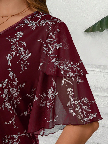 EMERY ROSE Plus Size Women Burgundy V Neck Short Sleeve Floral Print Ruffle Sleeve Loose Fit Tunic Top Blouse,Elegant Autumn Everyday Casual Wear,Bohemia Vacay