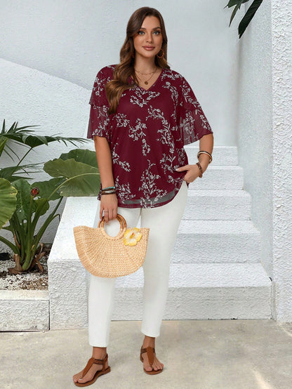 EMERY ROSE Plus Size Women Burgundy V Neck Short Sleeve Floral Print Ruffle Sleeve Loose Fit Tunic Top Blouse,Elegant Autumn Everyday Casual Wear,Bohemia Vacay
