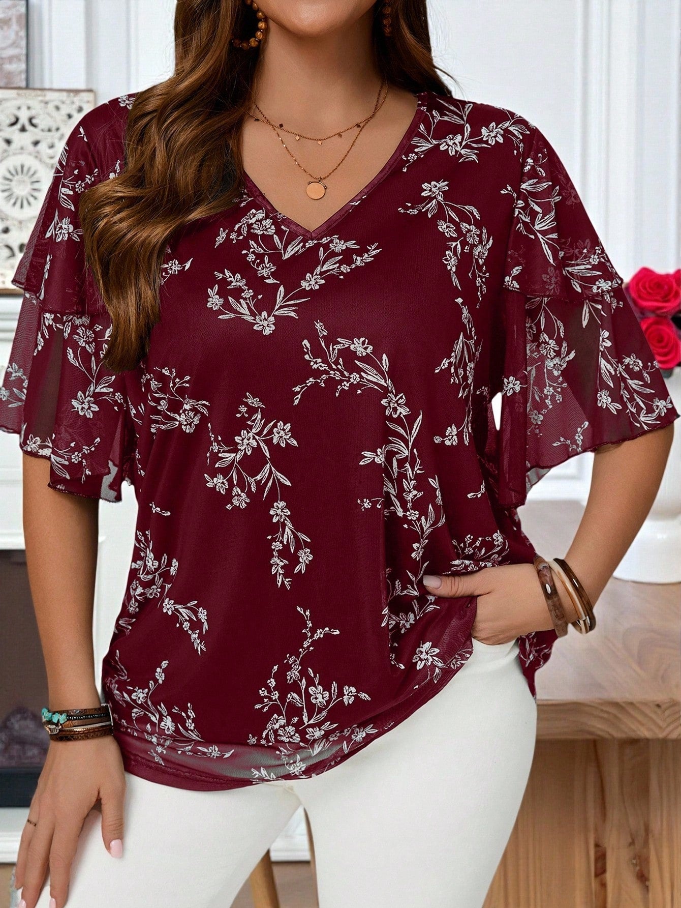 EMERY ROSE Plus Size Women Burgundy V Neck Short Sleeve Floral Print Ruffle Sleeve Loose Fit Tunic Top Blouse,Elegant Autumn Everyday Casual Wear,Bohemia Vacay