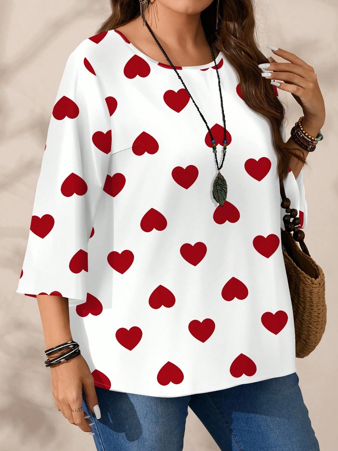 EMERY ROSE Plus Size Women Casual All-Over Print Round Neck Loose 3/4 Sleeve Shirt/Valentine's Day Blusinhas Femininas Elegante Plus Size Tops Fall