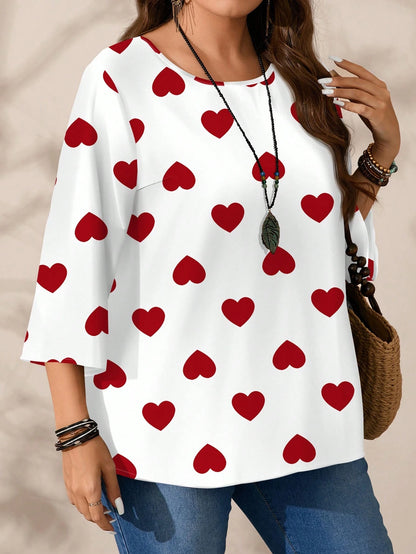EMERY ROSE Plus Size Women Casual All-Over Print Round Neck Loose 3/4 Sleeve Shirt/Valentine's Day Blusinhas Femininas Elegante Plus Size Tops Fall
