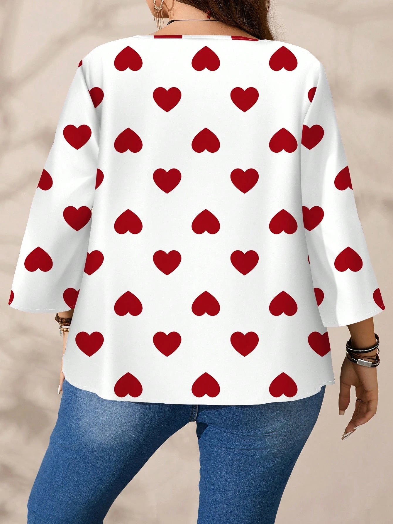 EMERY ROSE Plus Size Women Casual All-Over Print Round Neck Loose 3/4 Sleeve Shirt/Valentine's Day Blusinhas Femininas Elegante Plus Size Tops Fall