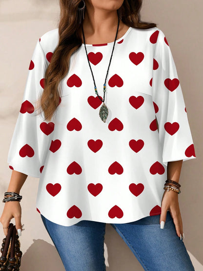 EMERY ROSE Plus Size Women Casual All-Over Print Round Neck Loose 3/4 Sleeve Shirt/Valentine's Day Blusinhas Femininas Elegante Plus Size Tops Fall