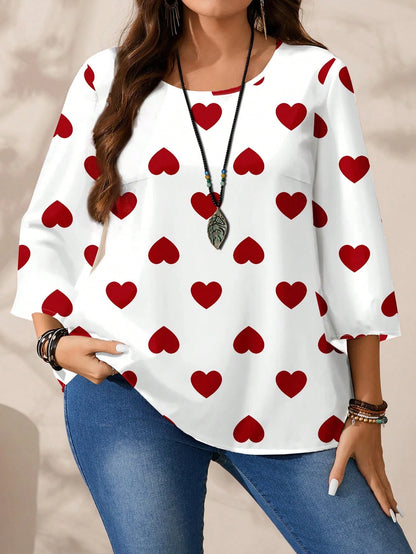 EMERY ROSE Plus Size Women Casual All-Over Print Round Neck Loose 3/4 Sleeve Shirt/Valentine's Day Blusinhas Femininas Elegante Plus Size Tops Fall