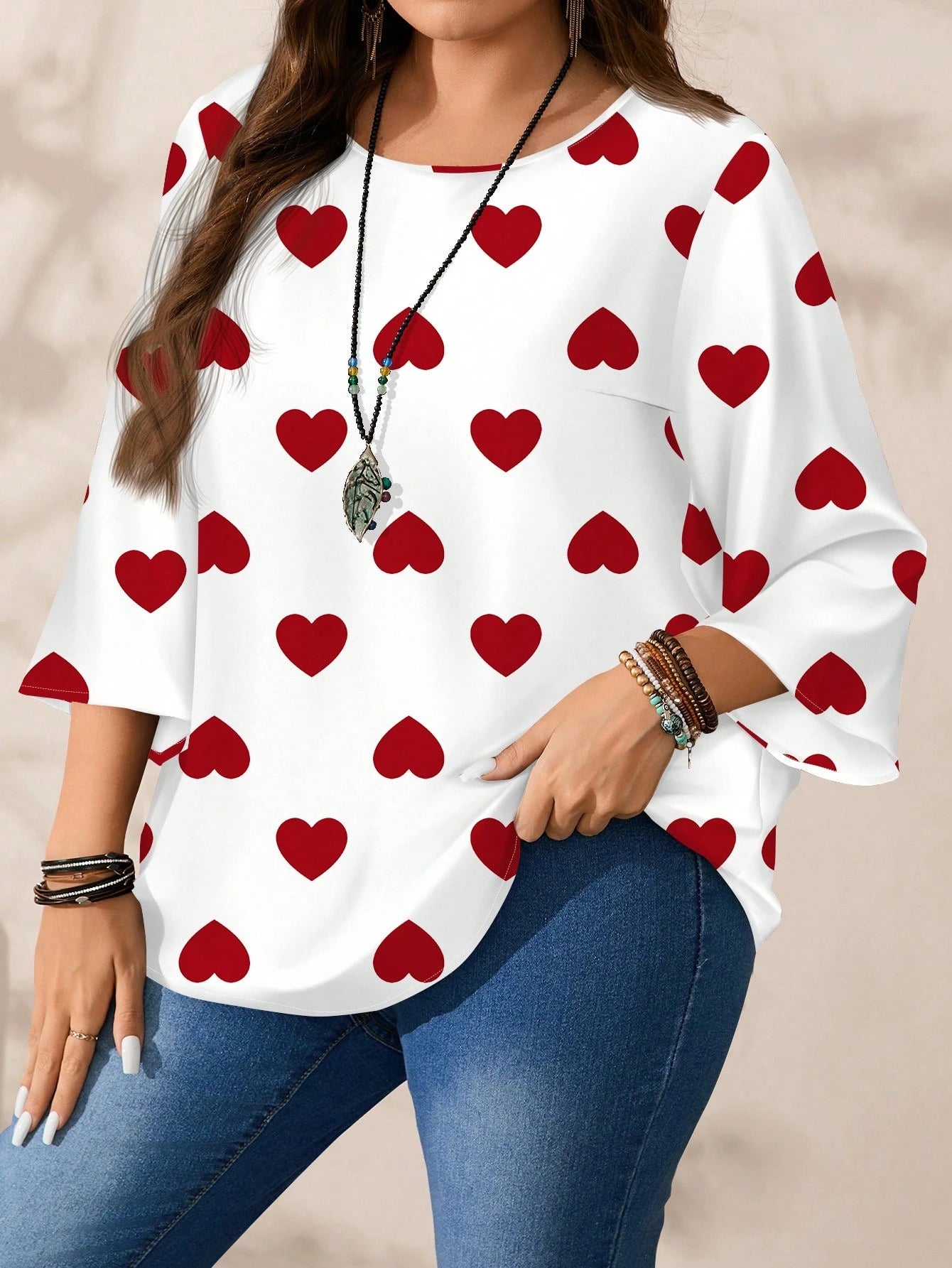 EMERY ROSE Plus Size Women Casual All-Over Print Round Neck Loose 3/4 Sleeve Shirt/Valentine's Day Blusinhas Femininas Elegante Plus Size Tops Fall