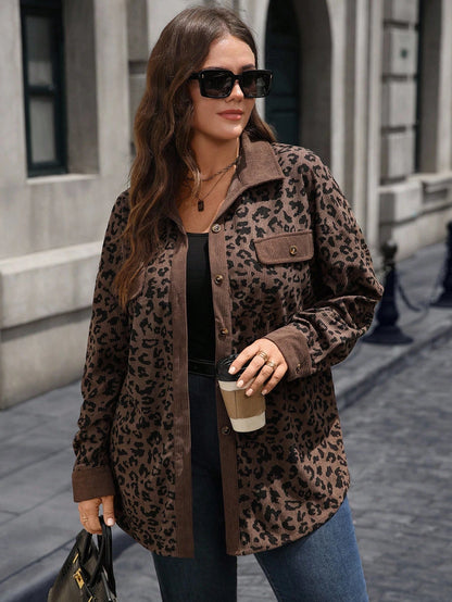 EMERY ROSE Plus Size Women Leopard Print Patchwork Coat, Autumn/Winter,Fall,Business Casual,Classy,For Stylish Everyday Wear,Fall,Chic