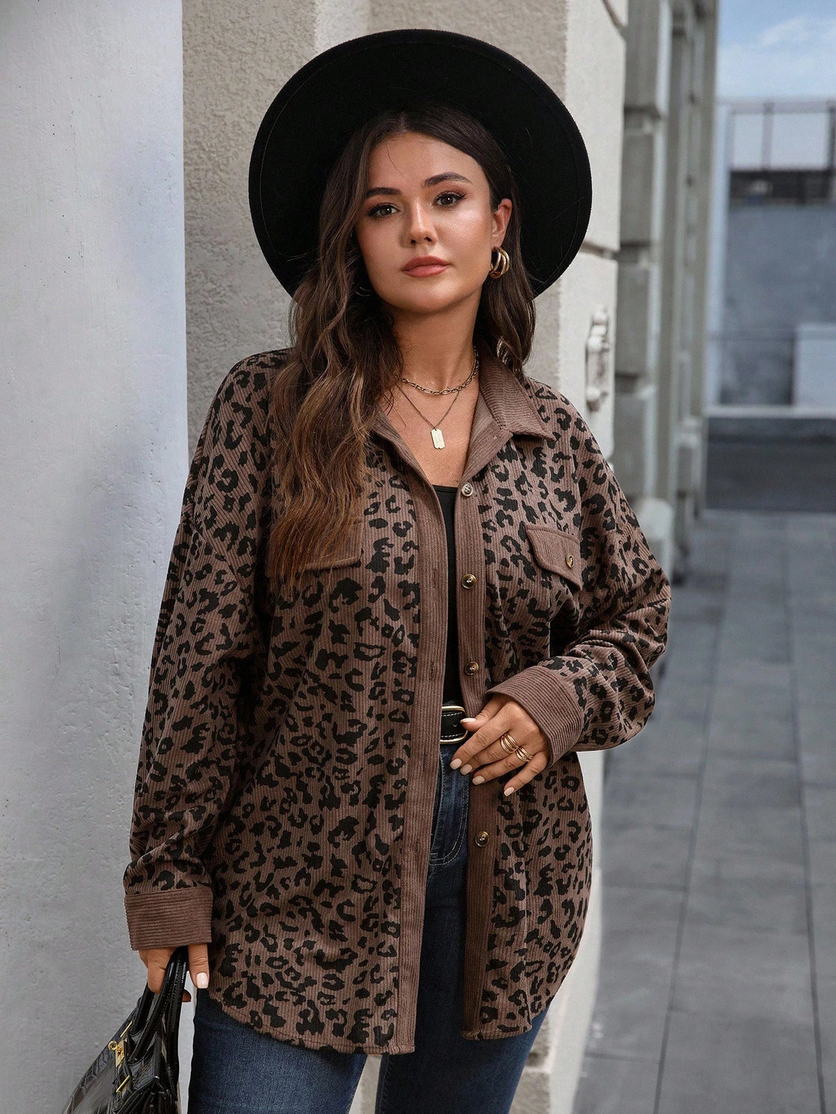 EMERY ROSE Plus Size Women Leopard Print Patchwork Coat, Autumn/Winter,Fall,Business Casual,Classy,For Stylish Everyday Wear,Fall,Chic
