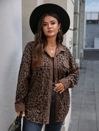 EMERY ROSE Plus Size Women Leopard Print Patchwork Coat, Autumn/Winter,Fall,Business Casual,Classy,For Stylish Everyday Wear,Fall,Chic