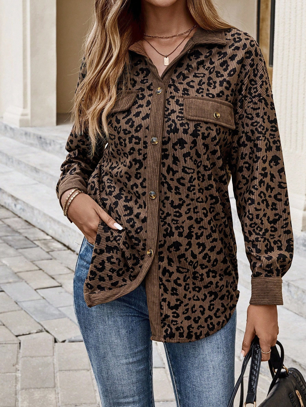 EMERY ROSE Plus Size Women Leopard Print Patchwork Coat, Autumn/Winter,Fall,Business Casual,Classy,For Stylish Everyday Wear,Fall,Chic