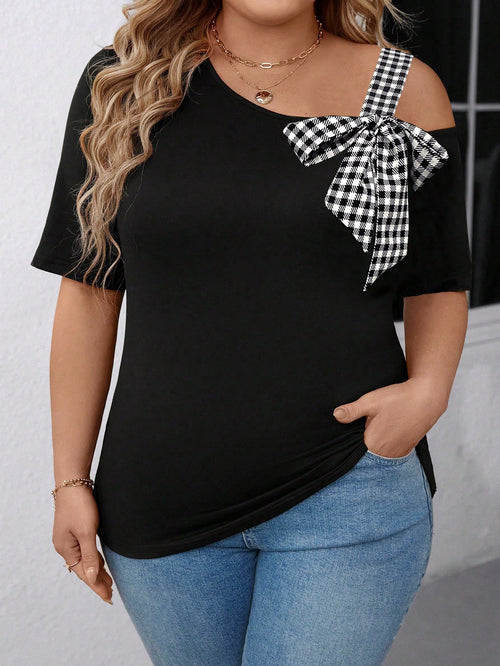 EMERY ROSE Plus Size Women's Plaid Bow Neck Asymmetric Shoulder T-Shirt, Suitable For Casual Outing, Holiday & Travel