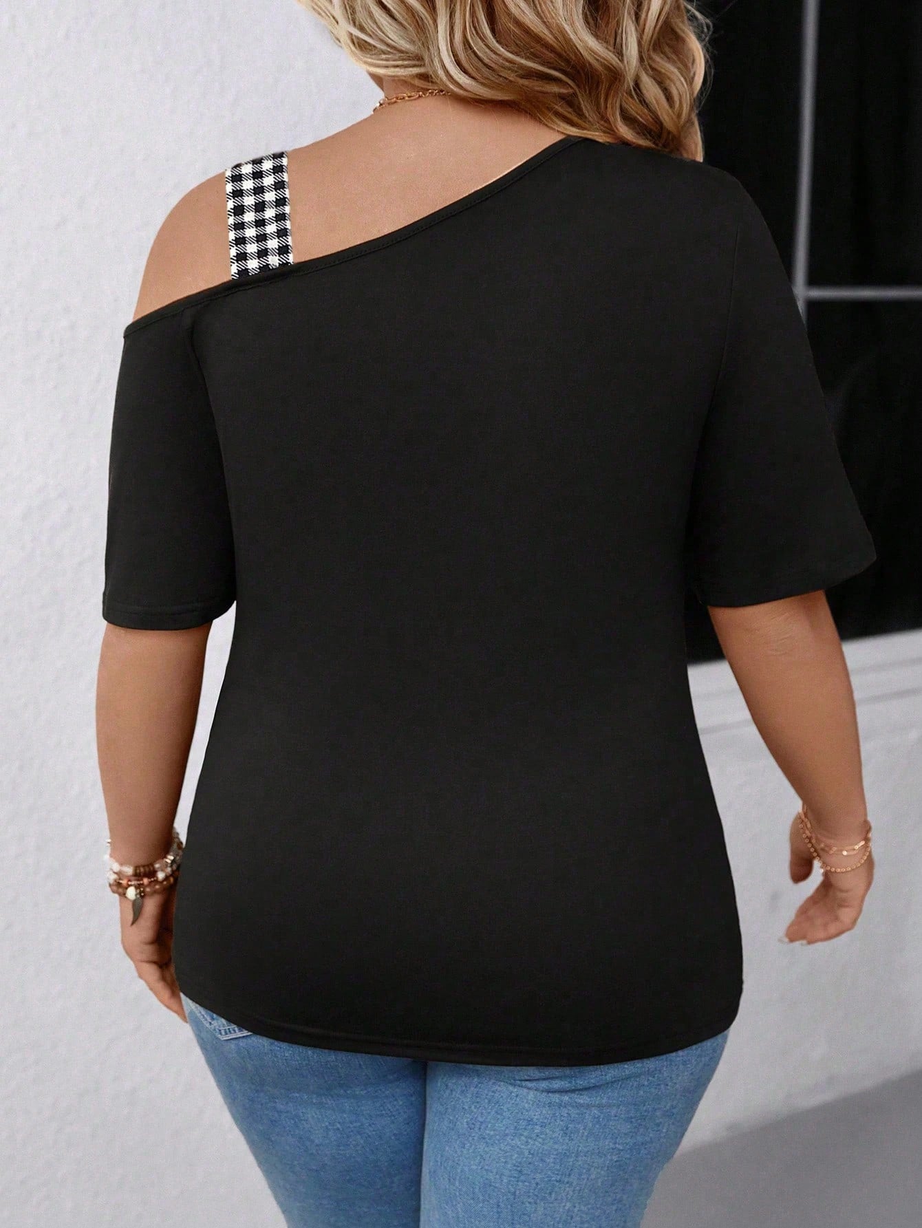EMERY ROSE Plus Size Women's Plaid Bow Neck Asymmetric Shoulder T-Shirt, Suitable For Casual Outing, Holiday & Travel