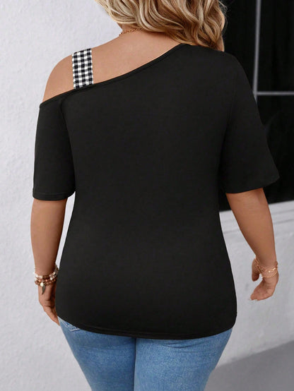 EMERY ROSE Plus Size Women's Plaid Bow Neck Asymmetric Shoulder T-Shirt, Suitable For Casual Outing, Holiday & Travel