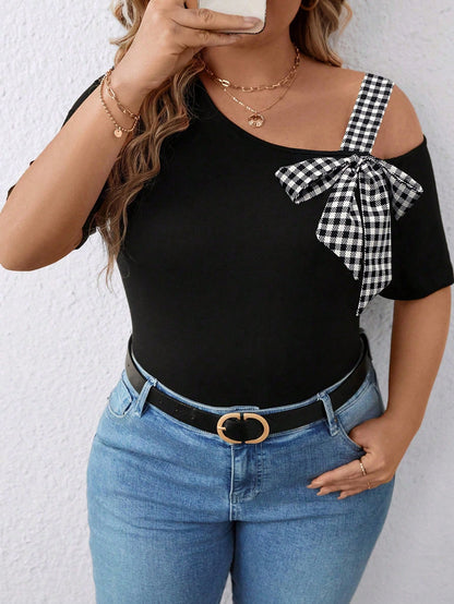 EMERY ROSE Plus Size Women's Plaid Bow Neck Asymmetric Shoulder T-Shirt, Suitable For Casual Outing, Holiday & Travel