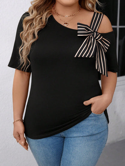 EMERY ROSE Plus Size Women's Plaid Bow Neck Asymmetric Shoulder T-Shirt, Suitable For Casual Outing, Holiday & Travel