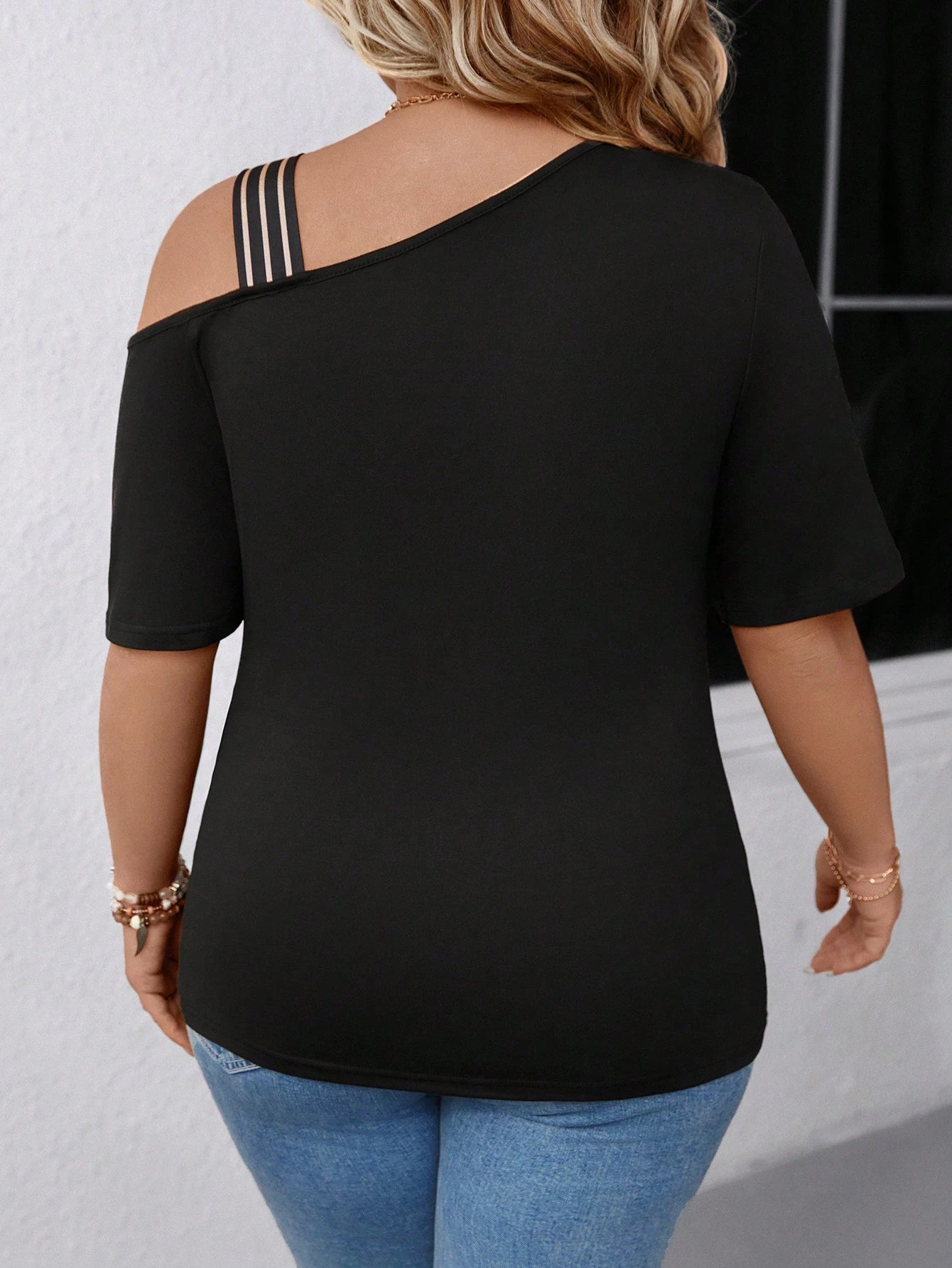 EMERY ROSE Plus Size Women's Plaid Bow Neck Asymmetric Shoulder T-Shirt, Suitable For Casual Outing, Holiday & Travel