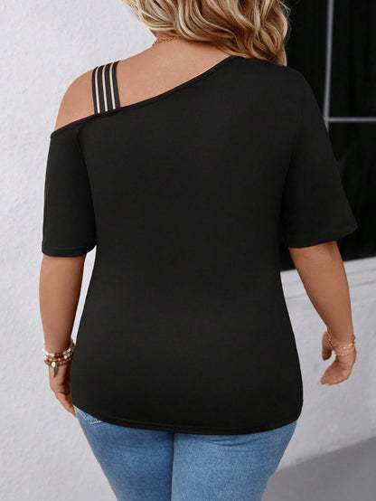 EMERY ROSE Plus Size Women's Plaid Bow Neck Asymmetric Shoulder T-Shirt, Suitable For Casual Outing, Holiday & Travel