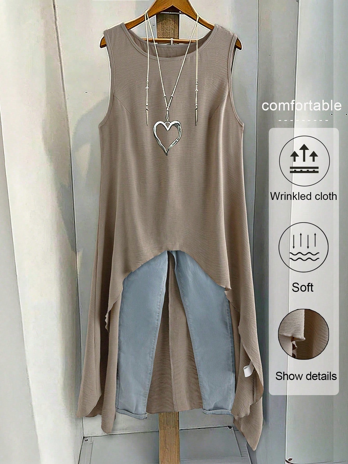 EMERY ROSE Plus Size Women's Solid Color Round Neck Sleeveless Asymmetrical Hem Casual Shirt