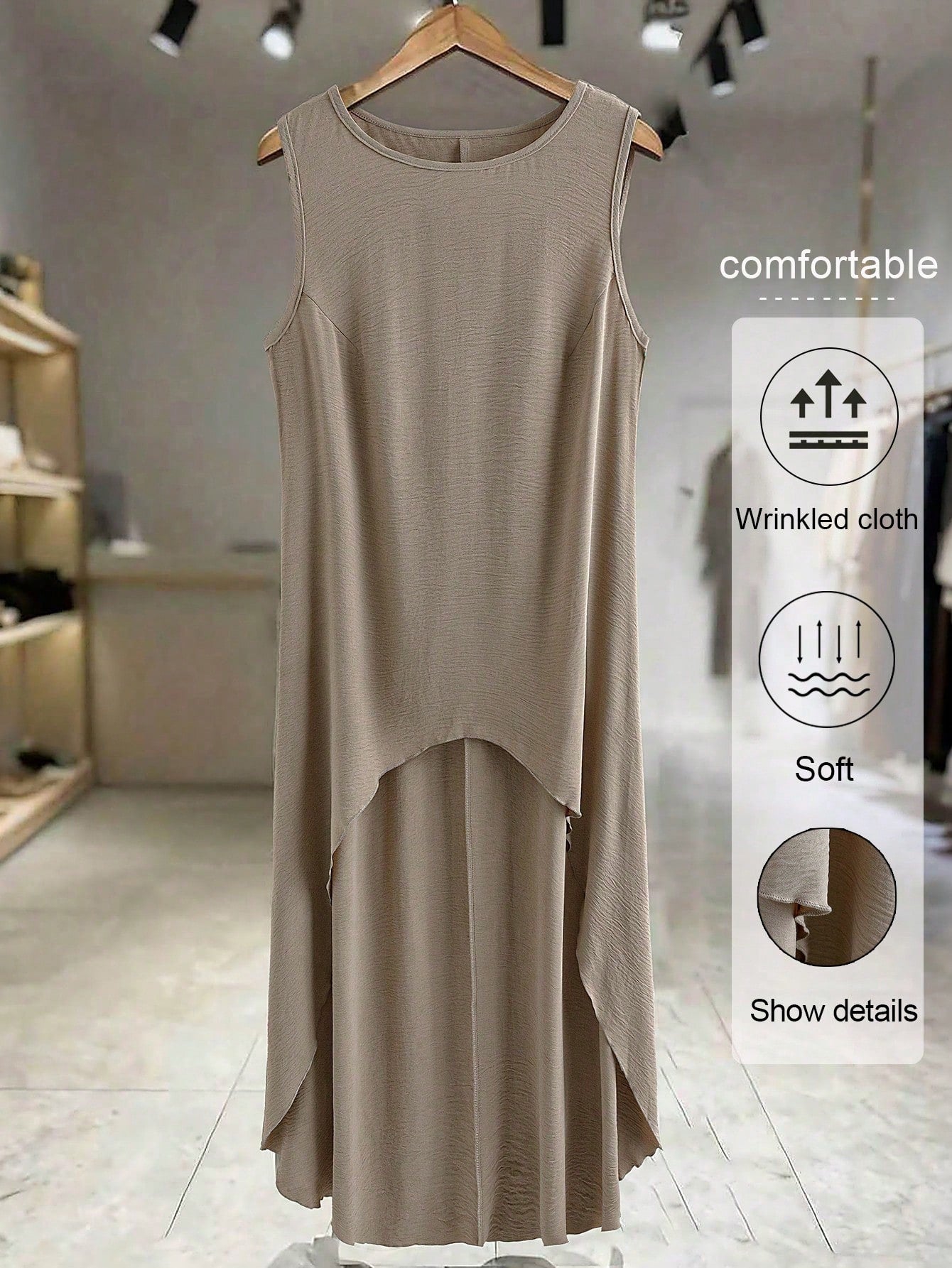 EMERY ROSE Plus Size Women's Solid Color Round Neck Sleeveless Asymmetrical Hem Casual Shirt