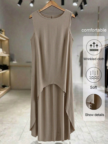 EMERY ROSE Plus Size Women's Solid Color Round Neck Sleeveless Asymmetrical Hem Casual Shirt