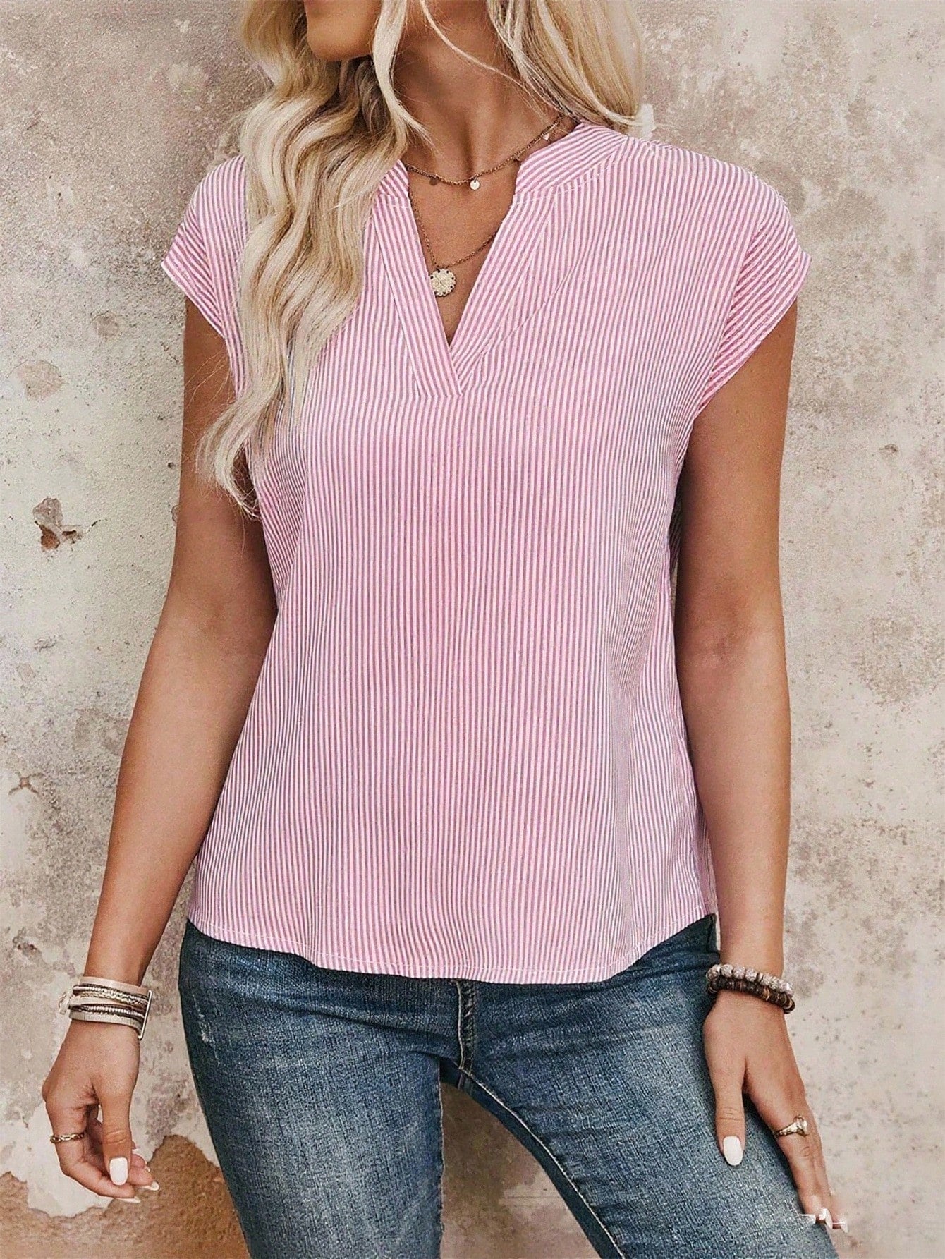 EMERY ROSE Plus Size Women's Summer Daily Commute Casual Work Striped Collar Loose Shirt