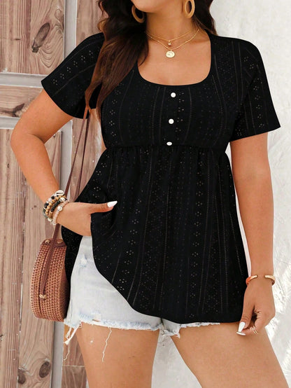 EMERY ROSE Plus Size Women's Summer Solid Color Pearl Embellished Round Neck Short Sleeve Casual T-Shirt