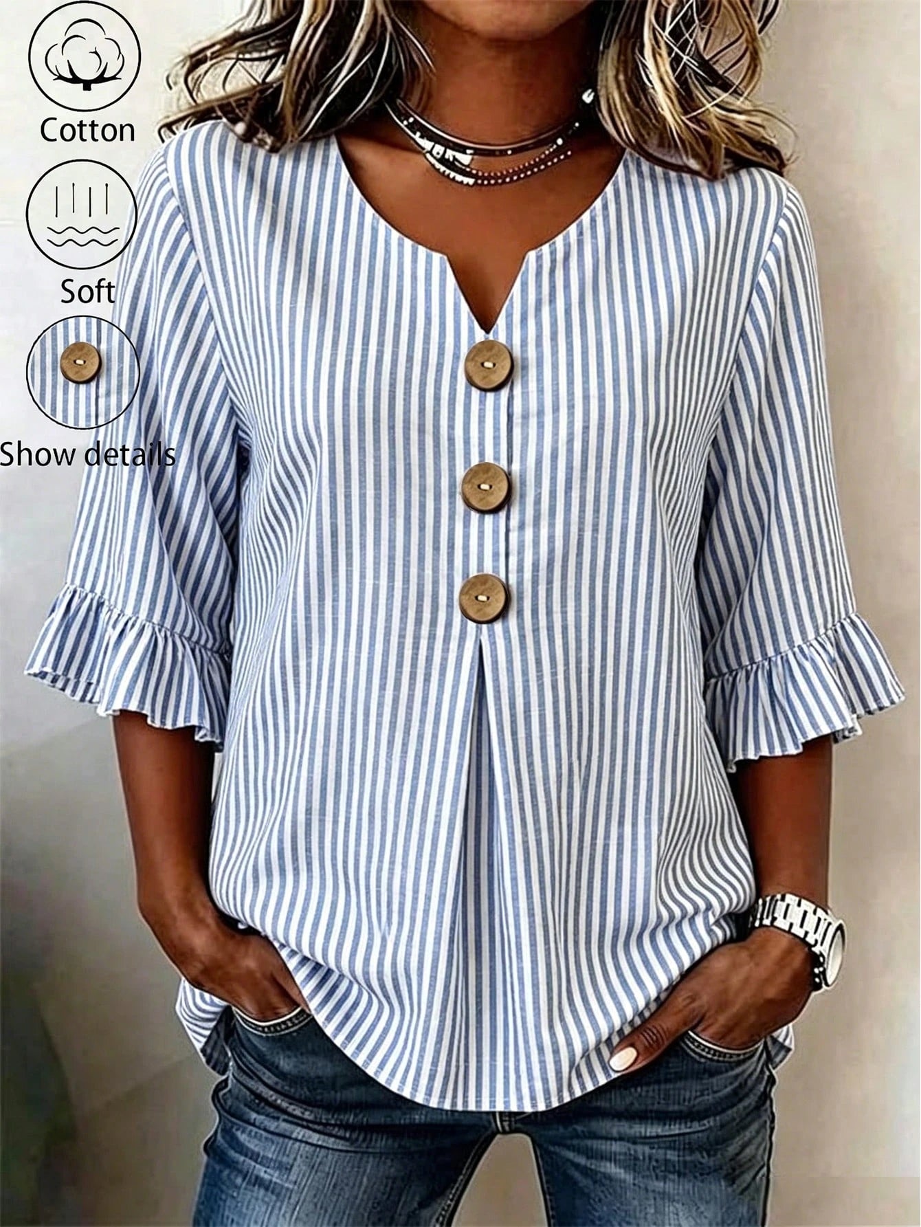 EMERY ROSE Plus Size Women's V-Neck Button Decor Mid-Sleeve Blue Striped Shirt, Ladies Summer Top, Vacation Blouse, Soft Cotton Striped Tee, Casual Beach Top