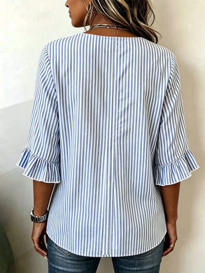 EMERY ROSE Plus Size Women's V-Neck Button Decor Mid-Sleeve Blue Striped Shirt, Ladies Summer Top, Vacation Blouse, Soft Cotton Striped Tee, Casual Beach Top