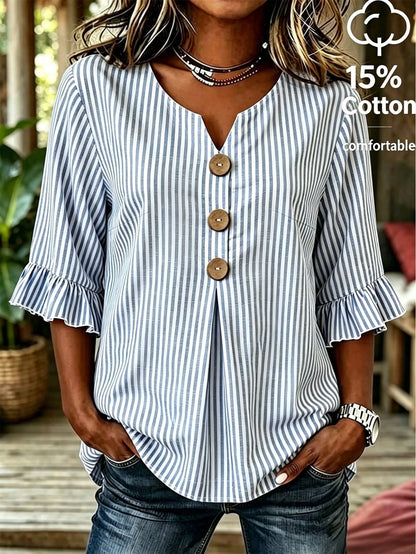EMERY ROSE Plus Size Women's V-Neck Button Decor Mid-Sleeve Blue Striped Shirt, Ladies Summer Top, Vacation Blouse, Soft Cotton Striped Tee, Casual Beach Top