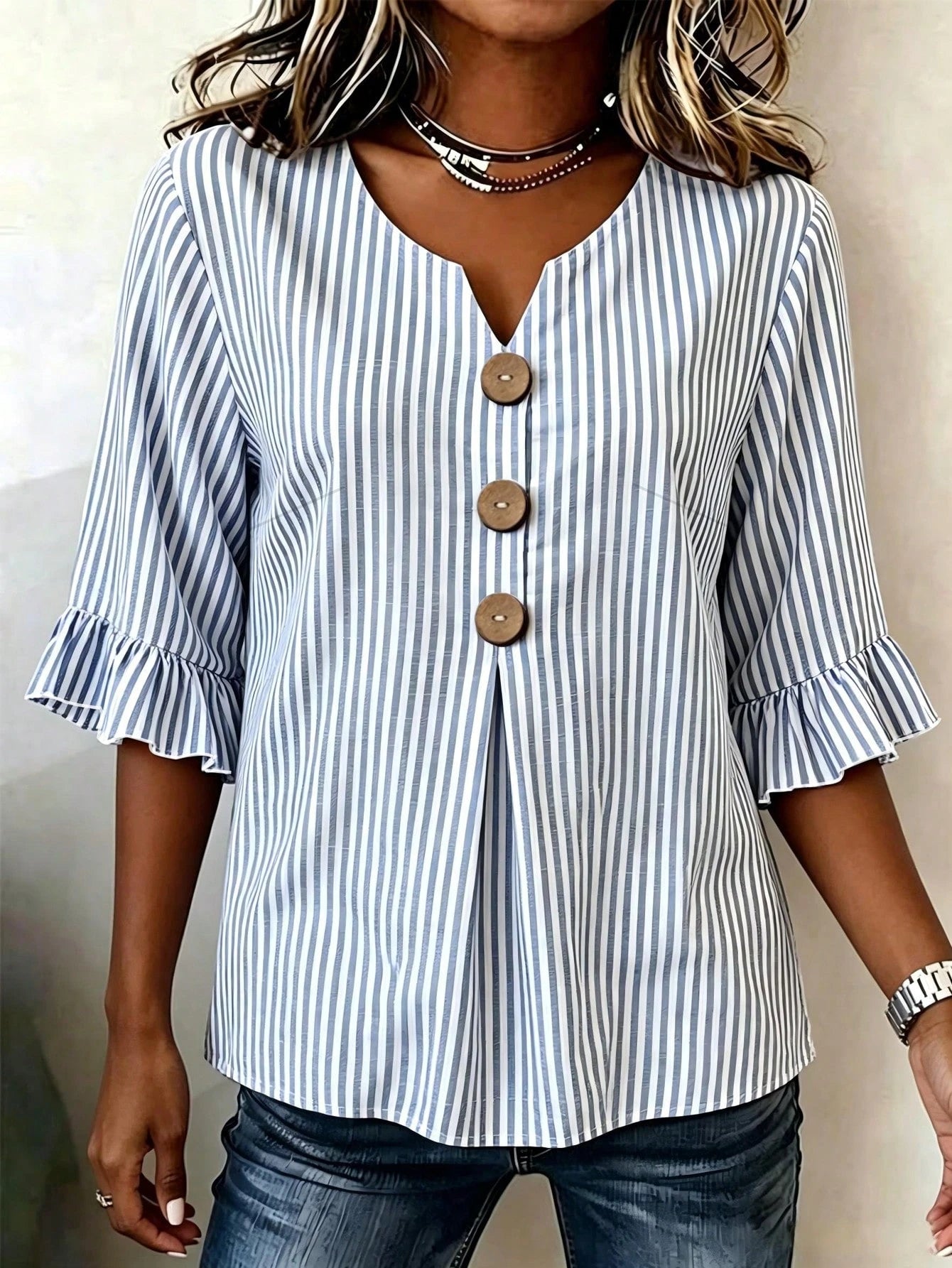 EMERY ROSE Plus Size Women's V-Neck Button Decor Mid-Sleeve Blue Striped Shirt, Ladies Summer Top, Vacation Blouse, Soft Cotton Striped Tee, Casual Beach Top