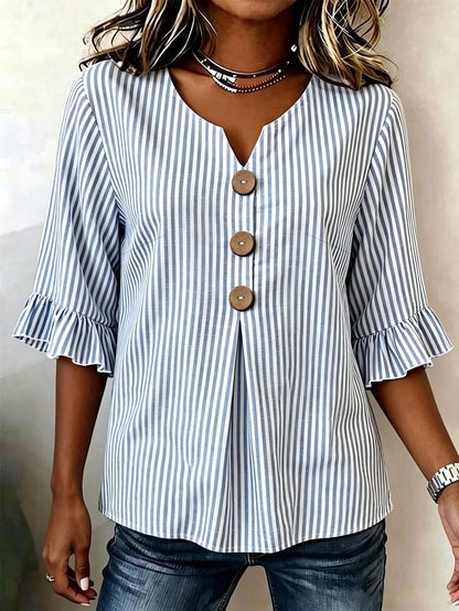 EMERY ROSE Plus Size Women's V-Neck Button Decor Mid-Sleeve Blue Striped Shirt, Ladies Summer Top, Vacation Blouse, Soft Cotton Striped Tee, Casual Beach Top