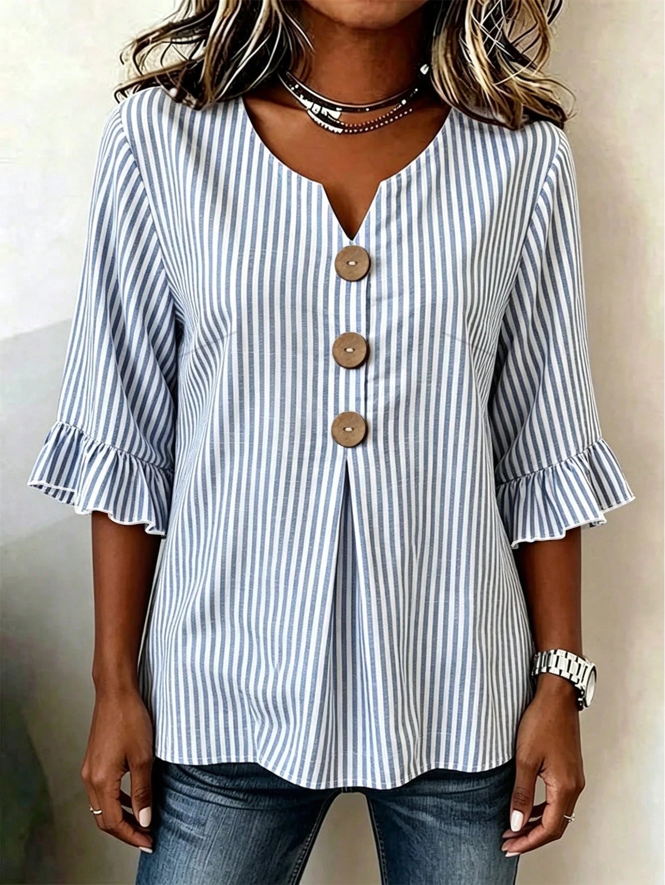 EMERY ROSE Plus Size Women's V-Neck Button Decor Mid-Sleeve Blue Striped Shirt, Ladies Summer Top, Vacation Blouse, Soft Cotton Striped Tee, Casual Beach Top