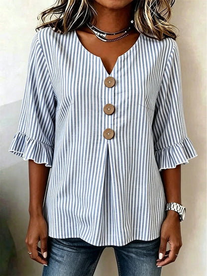 EMERY ROSE Plus Size Women's V-Neck Button Decor Mid-Sleeve Blue Striped Shirt, Ladies Summer Top, Vacation Blouse, Soft Cotton Striped Tee, Casual Beach Top
