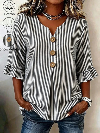 EMERY ROSE Plus Size Women's V-Neck Button Decor Mid-Sleeve Blue Striped Shirt, Ladies Summer Top, Vacation Blouse, Soft Cotton Striped Tee, Casual Beach Top