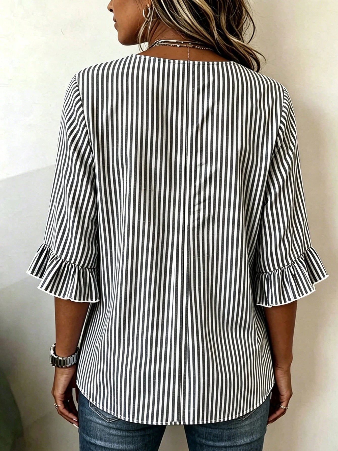 EMERY ROSE Plus Size Women's V-Neck Button Decor Mid-Sleeve Blue Striped Shirt, Ladies Summer Top, Vacation Blouse, Soft Cotton Striped Tee, Casual Beach Top