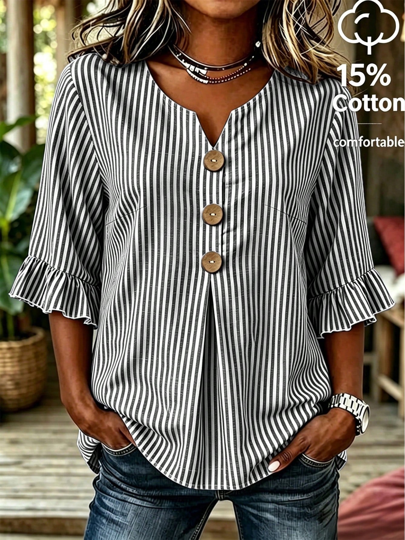 EMERY ROSE Plus Size Women's V-Neck Button Decor Mid-Sleeve Blue Striped Shirt, Ladies Summer Top, Vacation Blouse, Soft Cotton Striped Tee, Casual Beach Top