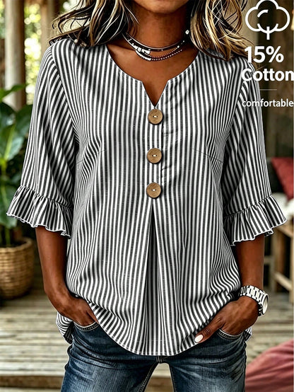 EMERY ROSE Plus Size Women's V-Neck Button Decor Mid-Sleeve Blue Striped Shirt, Ladies Summer Top, Vacation Blouse, Soft Cotton Striped Tee, Casual Beach Top