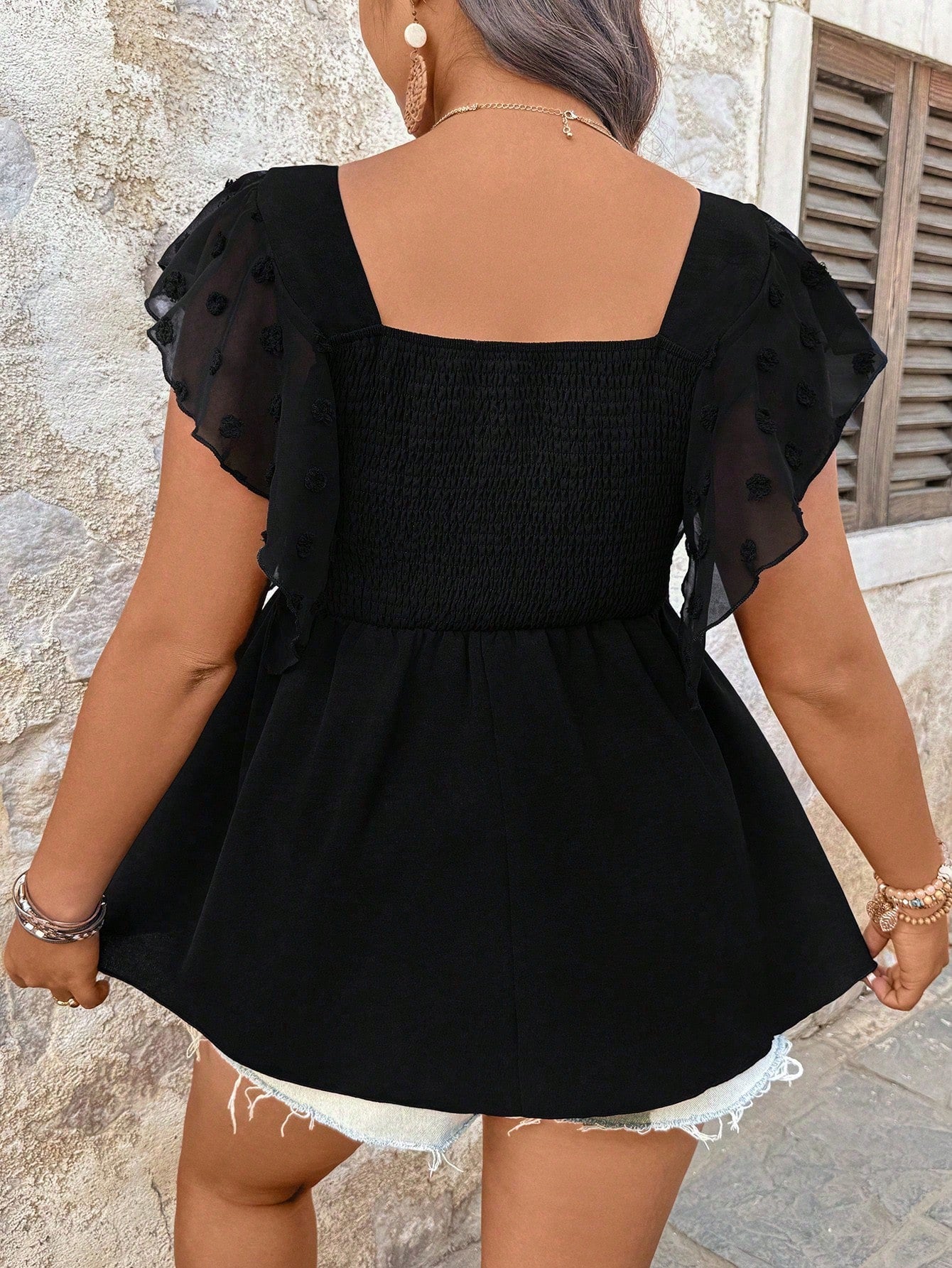 EMERY ROSE Plus Size Women Square Collar Cap Sleeve Casual Shirt