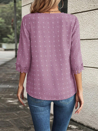 EMERY ROSE Summer Casual Swiss Polka Dot Shirt With Lace Patchwork,Three Quarter Sleeve Tops