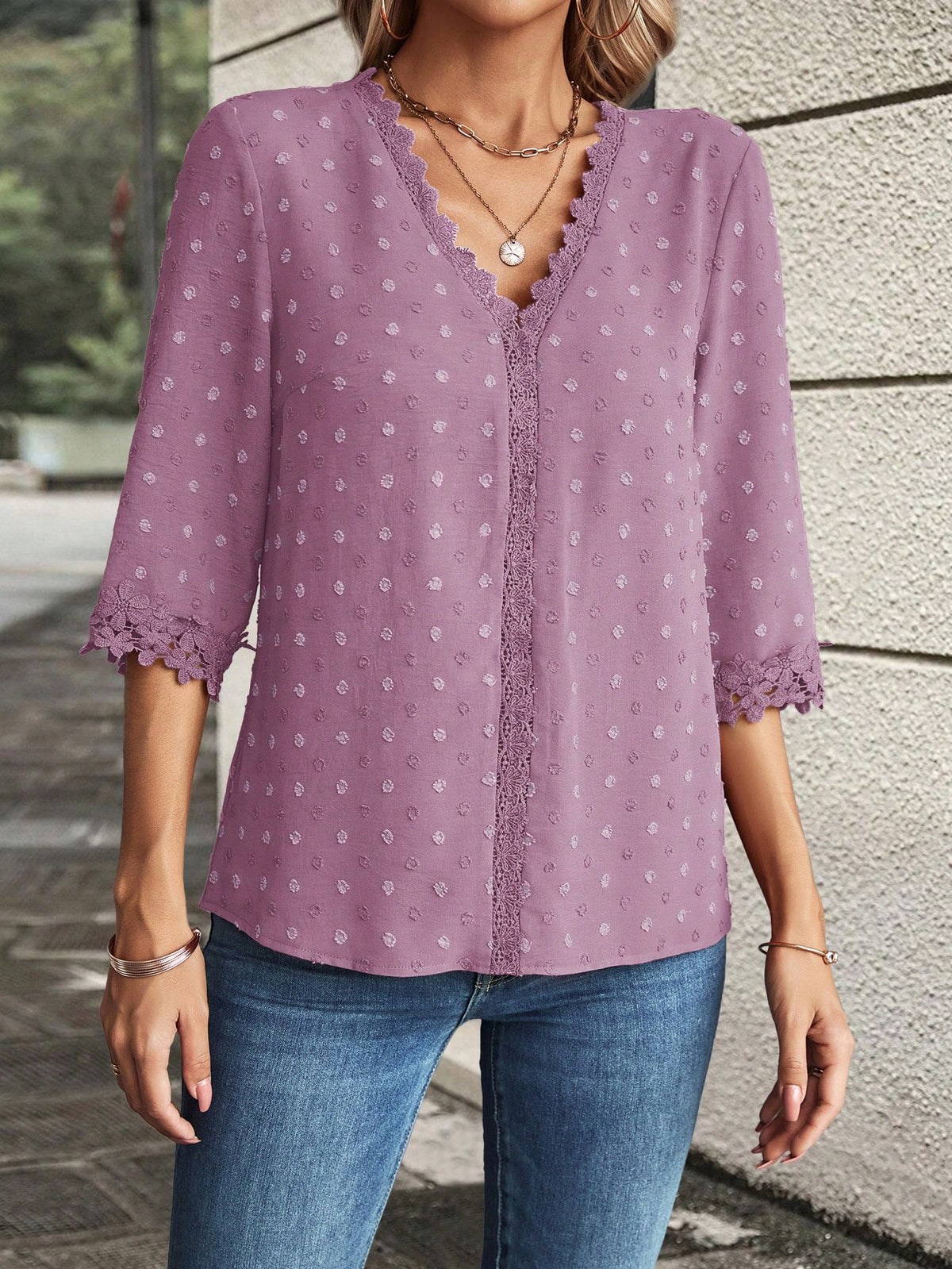 EMERY ROSE Summer Casual Swiss Polka Dot Shirt With Lace Patchwork,Three Quarter Sleeve Tops
