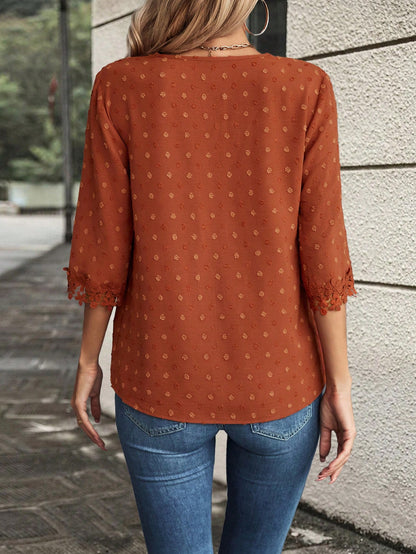 EMERY ROSE Summer Casual Swiss Polka Dot Shirt With Lace Patchwork,Three Quarter Sleeve Tops